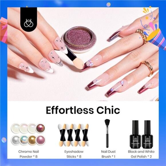 Metallic Chrome Nail Powder Kit Black White Colors Gel Polish Mirror - Picture 2 of 7